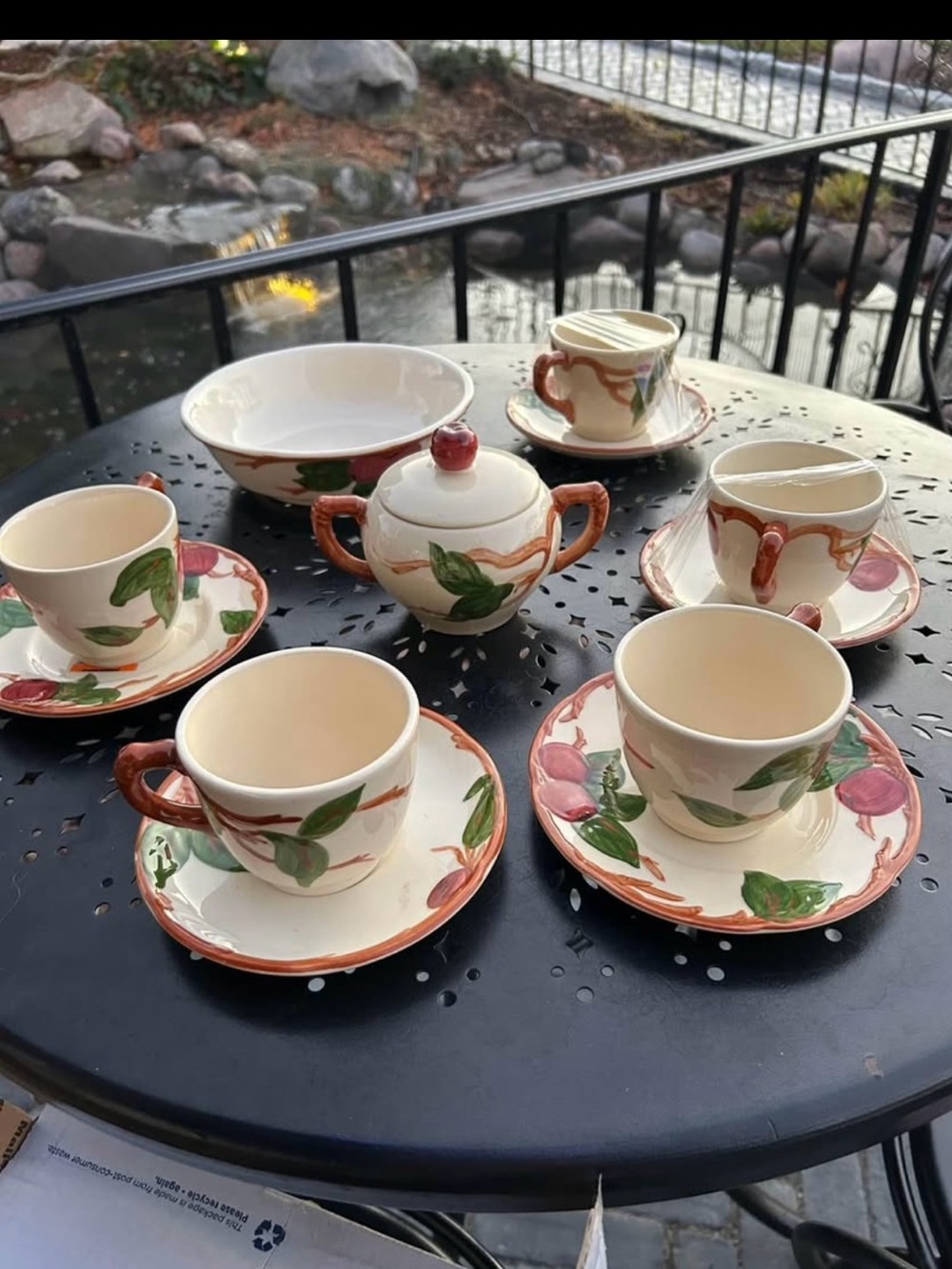 Hand-Painted Peach Motif Ceramic Tea Set - Cream and Green